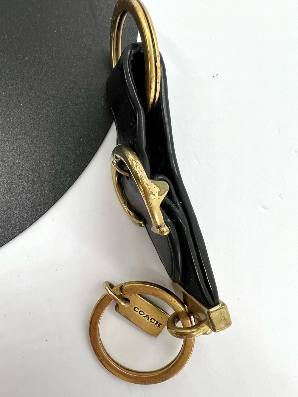 Vintage Coach Black Leather Valet Keychain Brass C Buckle Key Fob